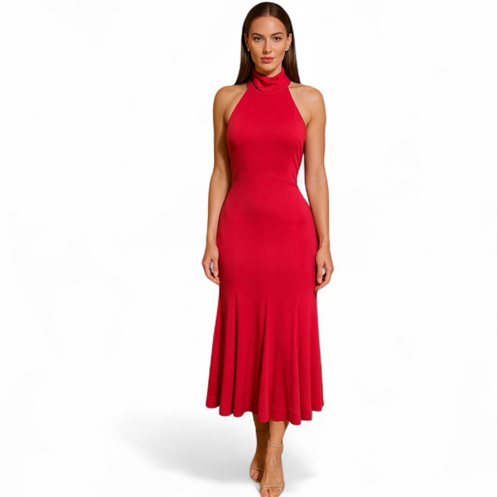 Maeve Anthropologie Halter Back Accent Midi Dress Flowing Godet Skirt Red Sz M